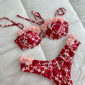 Red Floral Bikini Set with Handsewn 3D Rosette Flowers | Coquette Swimwear
